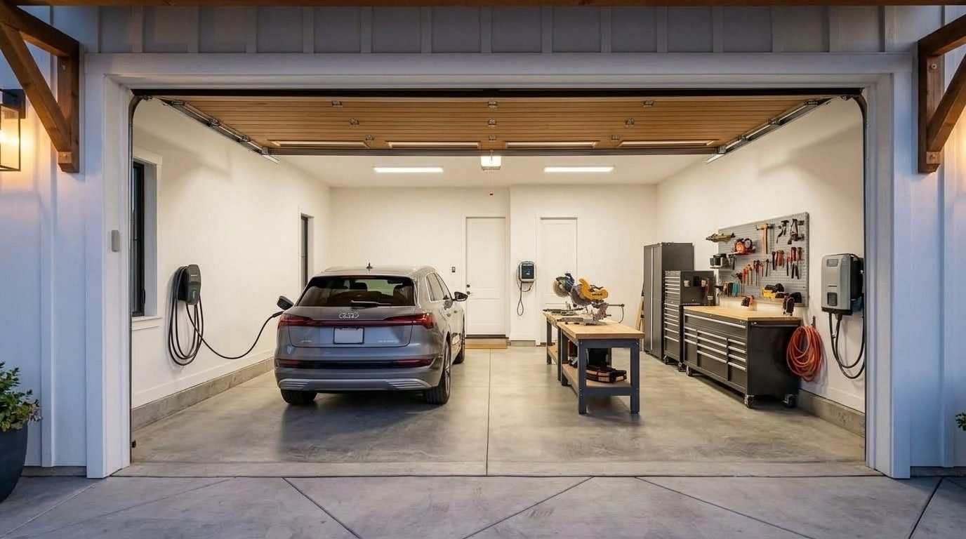 Mateo Local Garage Door Interior View of Custom Garage Door Overhead and Workshop